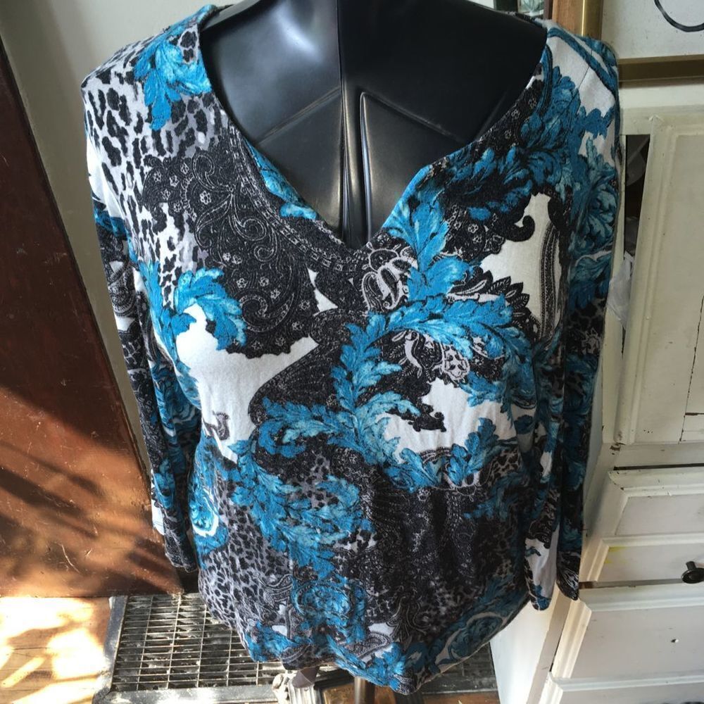 Chicos teal and black leopard paisley long sleeve split neck 2/L blouse